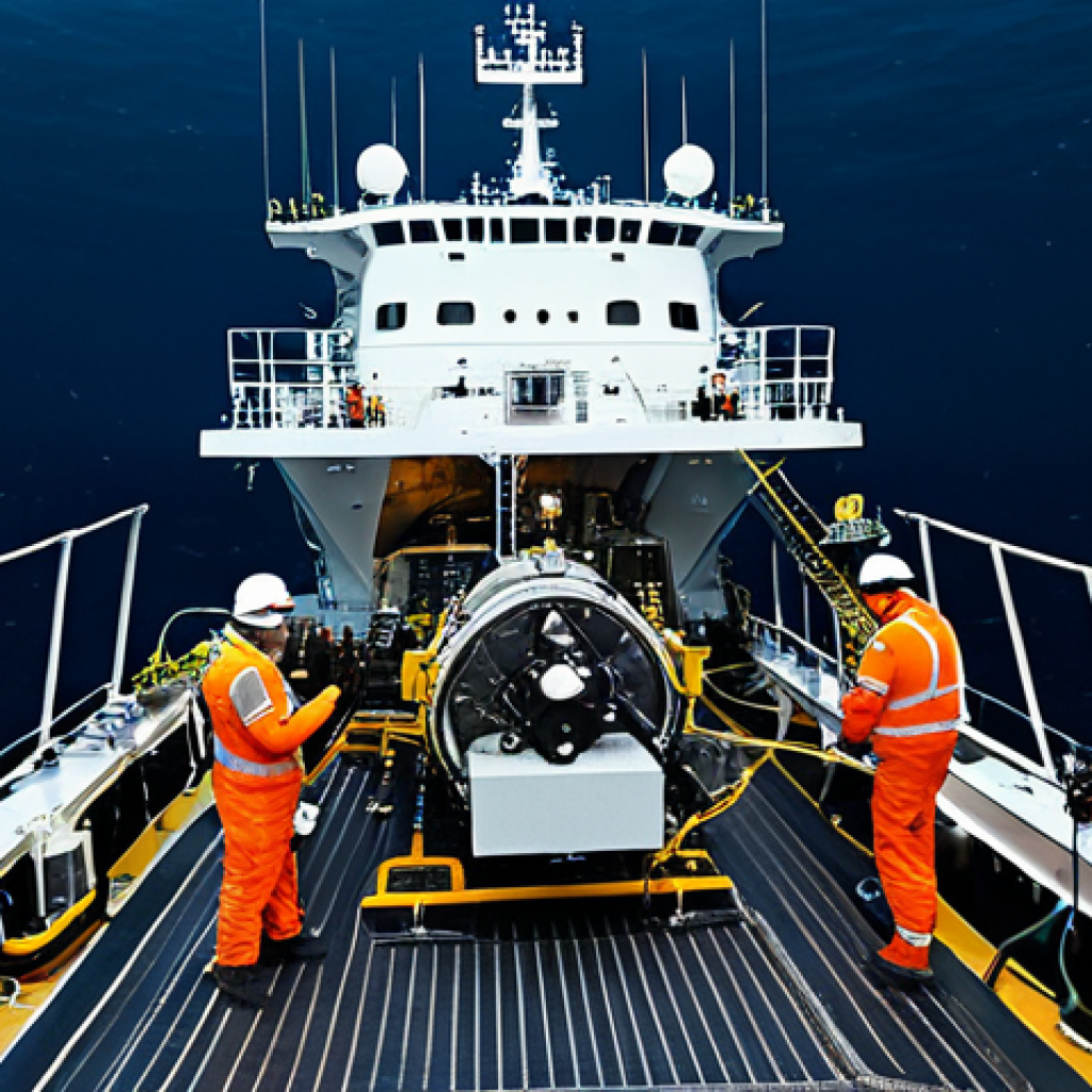 Deep Sea Mining Operation**
"A research vessel above a dark, deep sea environment. Below, remotely operated vehicles (ROVs) are collecting polymetallic nodules from the seabed. The ROVs are modern and technologically advanced. Focus on conveying scientific exploration and responsible resource management, not destruction. Fully clothed researchers are visible on the ship's deck, monitoring the operation. Safe for work, appropriate content, fully clothed, professional, natural proportions, perfect anatomy, high quality."
**