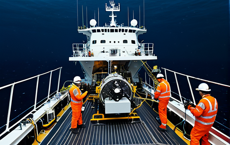 Deep Sea Mining Operation**
"A research vessel above a dark, deep sea environment. Below, remotely operated vehicles (ROVs) are collecting polymetallic nodules from the seabed. The ROVs are modern and technologically advanced. Focus on conveying scientific exploration and responsible resource management, not destruction. Fully clothed researchers are visible on the ship's deck, monitoring the operation. Safe for work, appropriate content, fully clothed, professional, natural proportions, perfect anatomy, high quality."
**