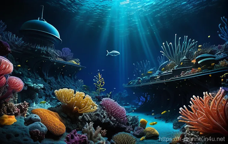 해양자원 개발과 환경적 지속 가능성 - **Prompt:** A dynamic and breathtaking image of cutting-edge renewable ocean energy technologies sea...