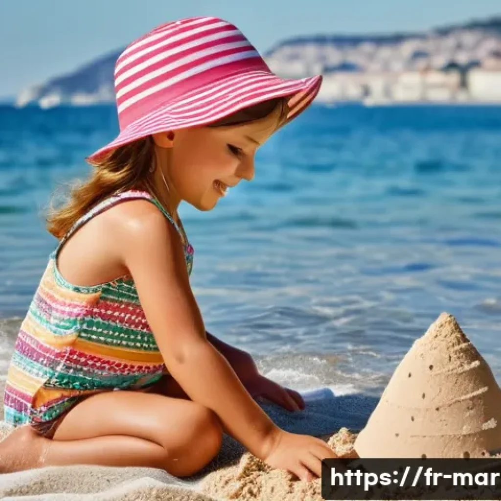 해양자원 개발 협정 - **Prompt:** A young girl (8 years old) wearing a colorful, patterned swimsuit and a sun hat, buildin...