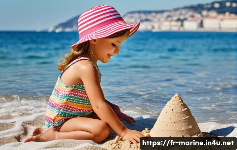 해양자원 개발 협정 - **Prompt:** A young girl (8 years old) wearing a colorful, patterned swimsuit and a sun hat, buildin...