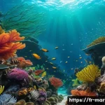 Home 21 해양바이오자원 - A vibrant underwater scene showcasing diverse marine algae species including brown kelp, red carrage...