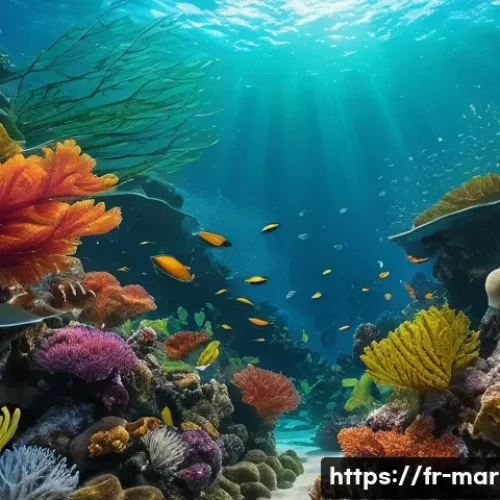 Home 33 해양바이오자원 - A vibrant underwater scene showcasing diverse marine algae species including brown kelp, red carrage...