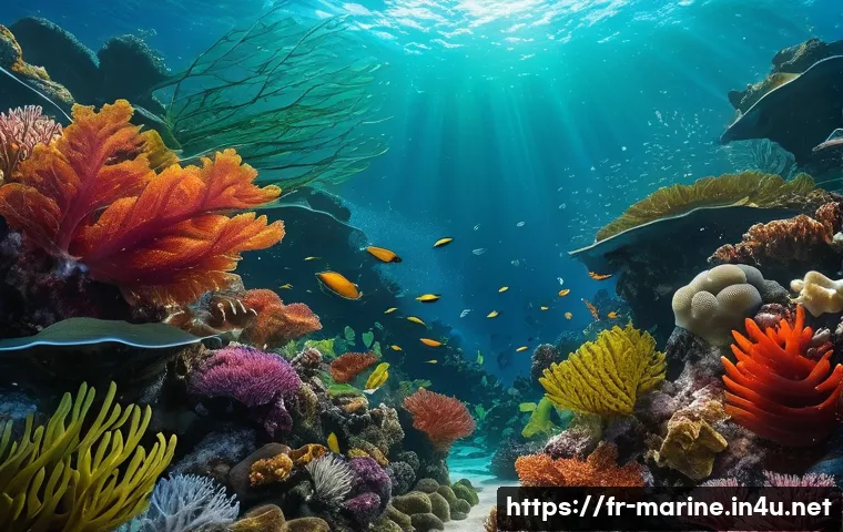 해양바이오자원 - A vibrant underwater scene showcasing diverse marine algae species including brown kelp, red carrage...