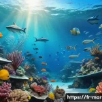 Home 20 국제 해양자원 개발 규제 - A detailed, realistic underwater scene showing a diverse marine ecosystem with coral reefs, various ...