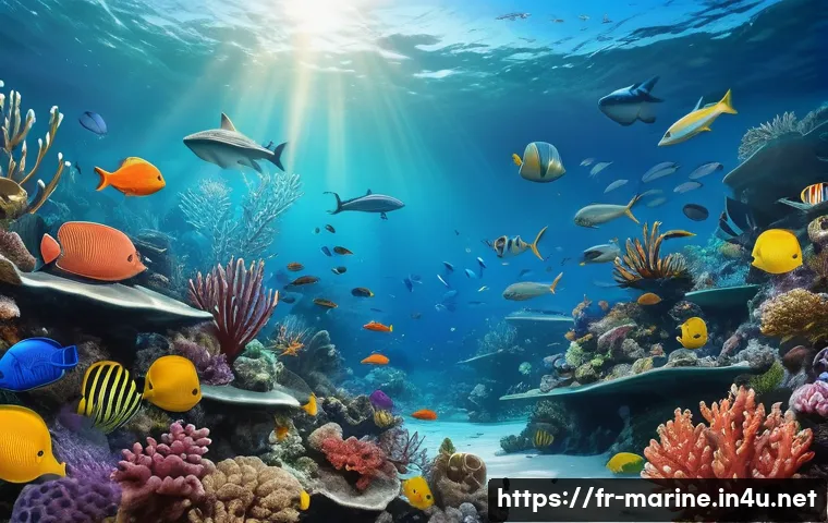 국제 해양자원 개발 규제 - A detailed, realistic underwater scene showing a diverse marine ecosystem with coral reefs, various ...
