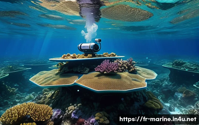 해양자원 개발과 정부 역할 - A highly detailed underwater scene showcasing advanced autonomous underwater robots exploring a vibr...