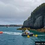 Home 18 해양자원 개발을 위한 국가 정책 - A high-tech marine monitoring scene along the Brittany coast, featuring smart sensors attached to fl...
