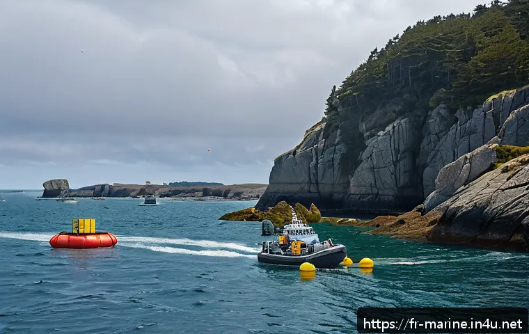 해양자원 개발을 위한 국가 정책 - A high-tech marine monitoring scene along the Brittany coast, featuring smart sensors attached to fl...