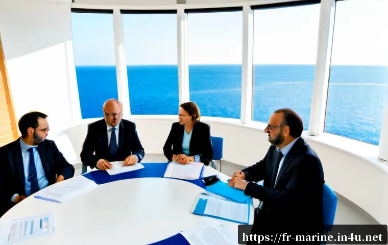 Home 17 해양 자원 국제 협약 - Photorealistic wide-angle scene of an international marine conservation meeting in a bright modern c...
