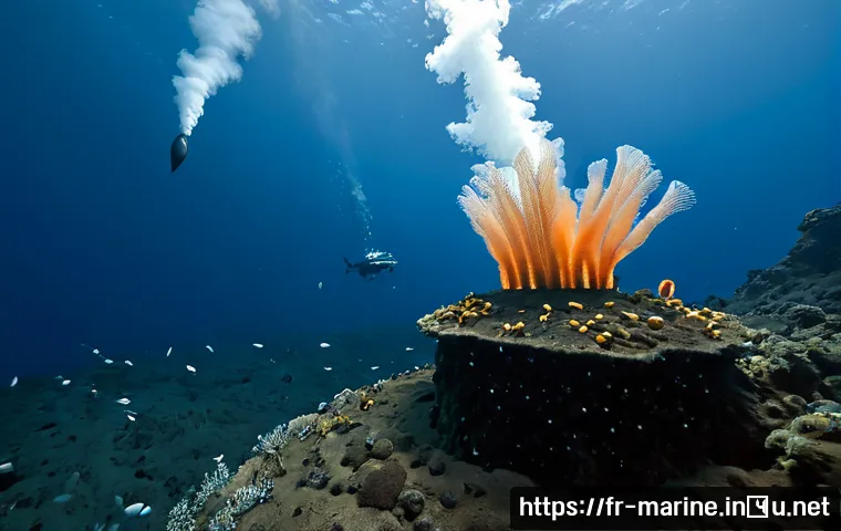 심해의 생태계와 자원 개발 - Photorealistic deep-sea ecosystem on a hydrothermal vent field in the Atlantic Ocean, towering black...