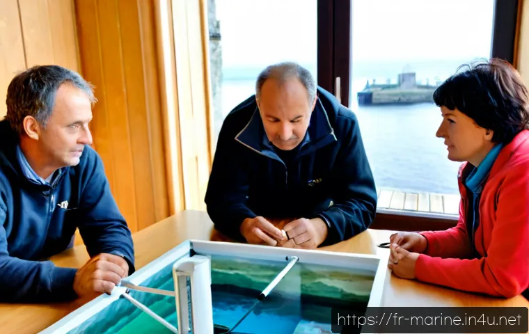 Home 17 해양자원 개발의 사회적 수용성 - Photorealistic coastal town hall in Brittany, France, a diverse group of adult residents including f...